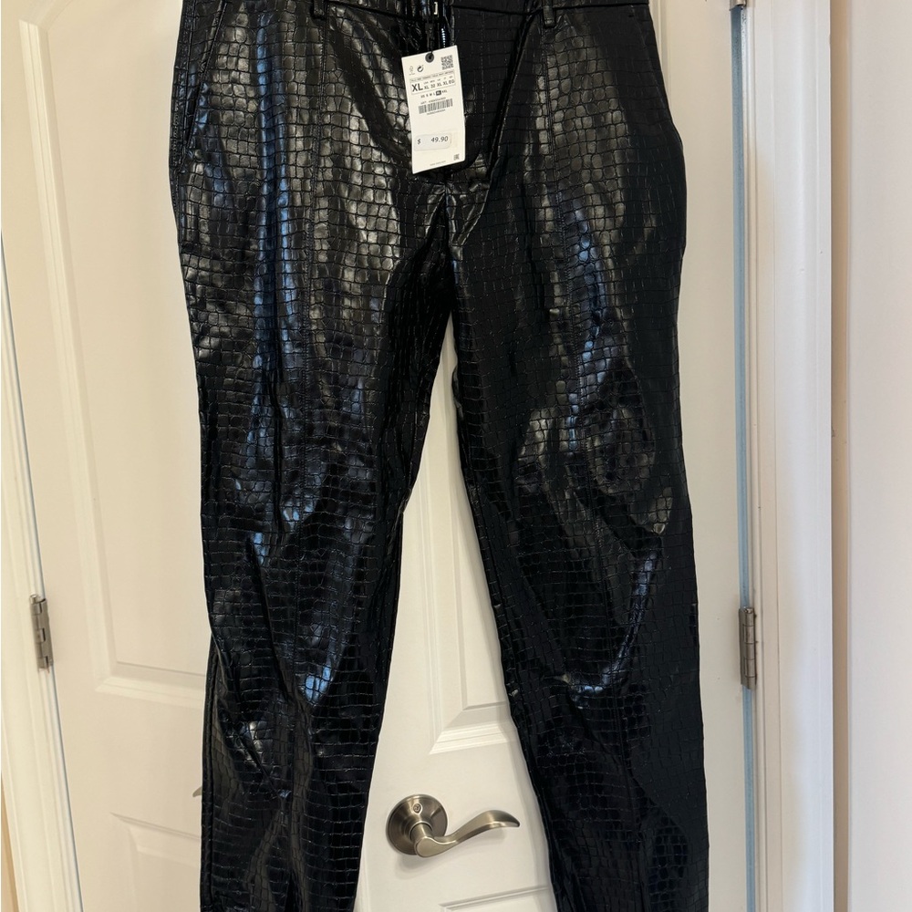 Black Croc-Embossed Pants